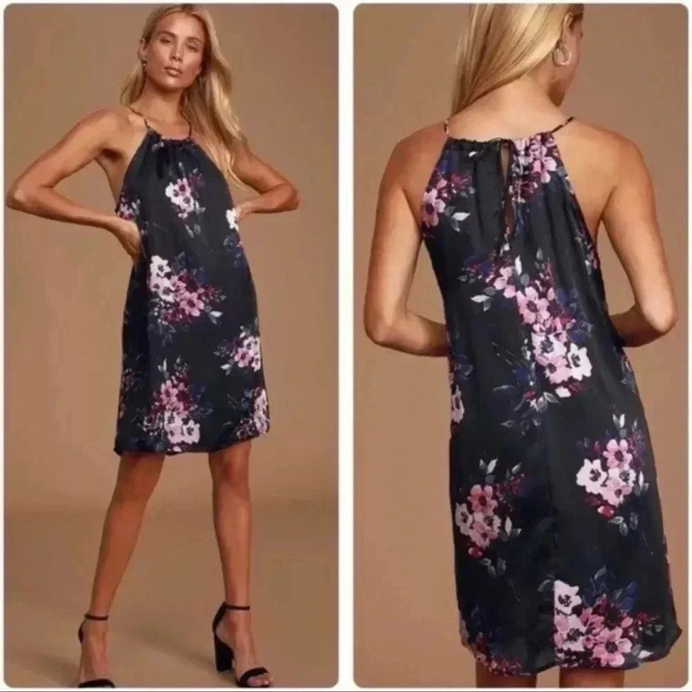 LuLus Filled With Love Black Satin Floral Print Halter Swing Dress S